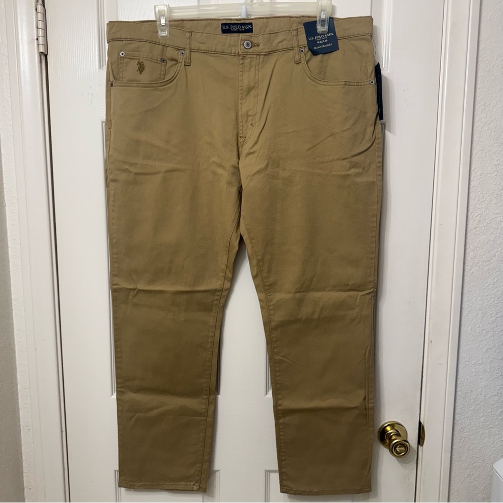 U.S. Polo Assn. Mens Khaki Pants Size 42x30 Slim Straight Twill Activate Stretch
